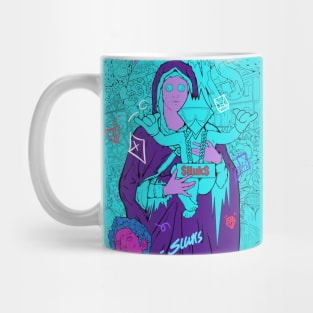 Dope Slluks chicken character chilling with virgin Mary montage illustration Mug